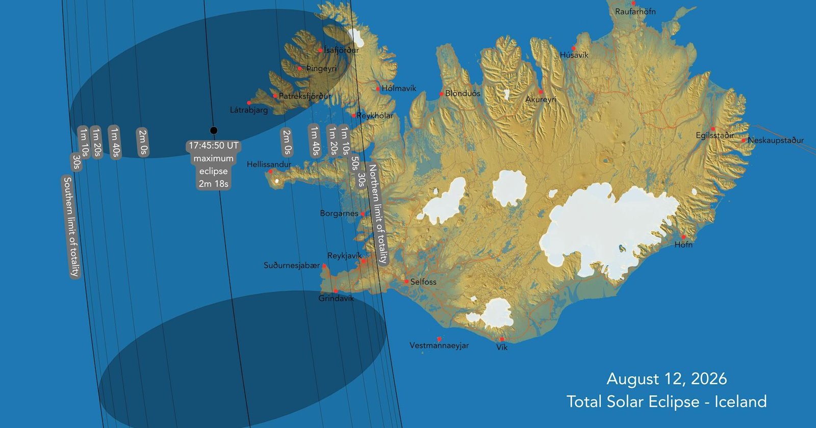 Map of the August 12, 2026 total solar eclipse path across Iceland